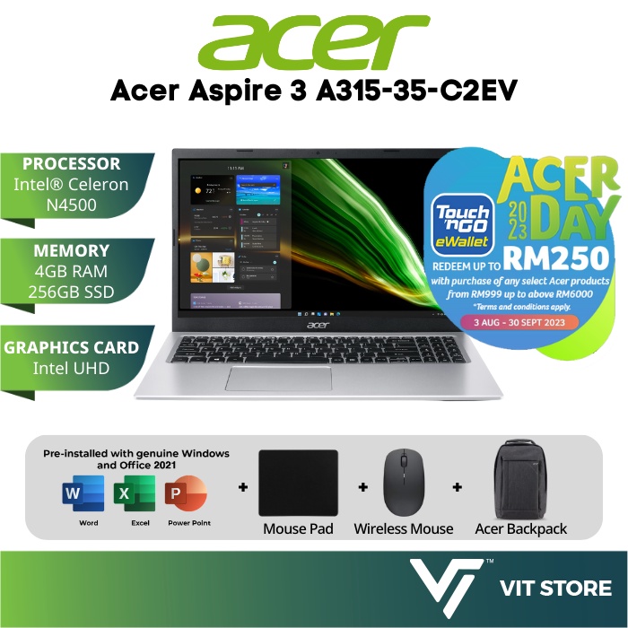 ACER Aspire 3 A315-35-C2EV Laptop (Intel Celeron N4500, 4GB, 256GB, Intel UHD, 15.6" FHD, W11, H&S)