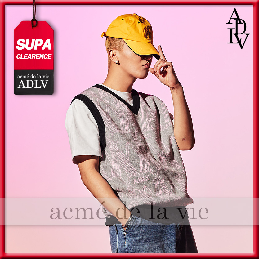 ✿ acme de la vie ✿ ADLV AUTHENTIC A LOGO MONOGRAM KNIT VEST 3-COLORS Unisex Oversize V-Neck 2022SS KOREA STREET STYLE MINO & SANDARA PARK MODEL