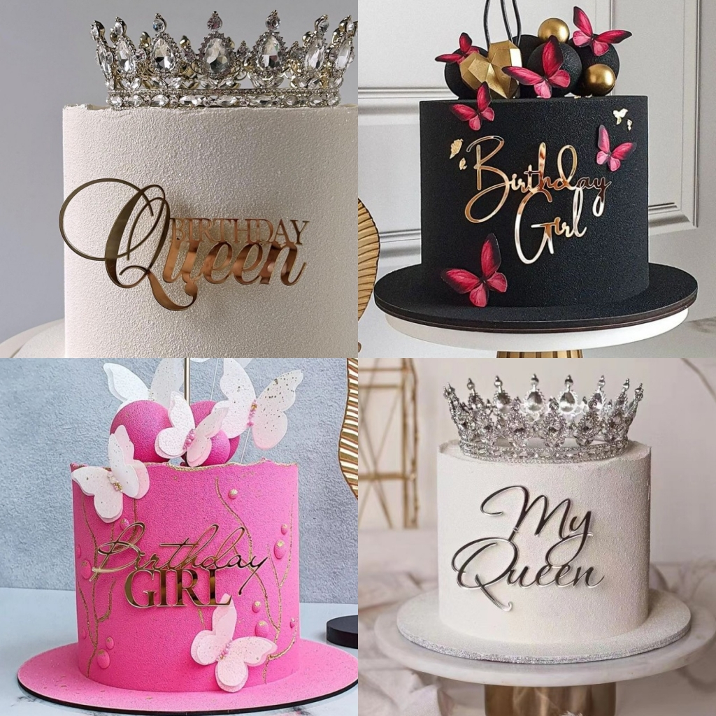 Acrylic Happy Birthday Cake Topper no Sticks, Birthday Queen / My Queen Curisive Font Acrylic Cake Topper, Front or Side Cake Decoration for Gilrs Birthday Party Favor Supplies