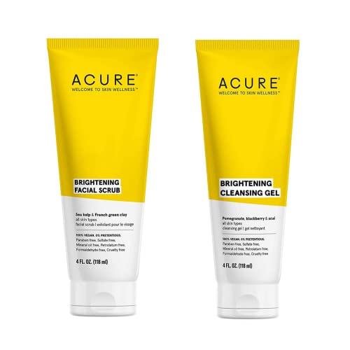 Acure Bestselling Duo Kit - Brightening Facial Scrub & Cleansing Gel - All Skin Types - Cleanse With Pomegranate, Blackberry & Acai - Scrub With Sea Kelp & French Green Clay