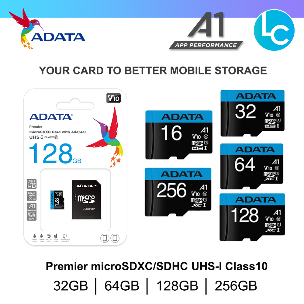 ADATA Premier 32GB / 64GB/ 128GB / 256GB Micro SD MicroSDHC/SDXC PREMIER UHS-I Class 10 V10 A1 Memory Card with Adapter