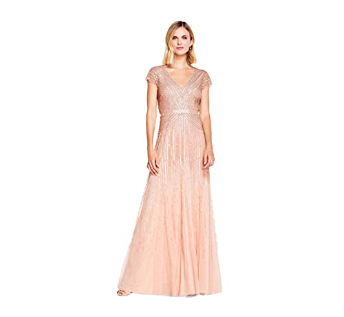 Adrianna Papell Women's Long Beaded V-Neck Dress with Cap Sleeves and Waistband, Blush, 6