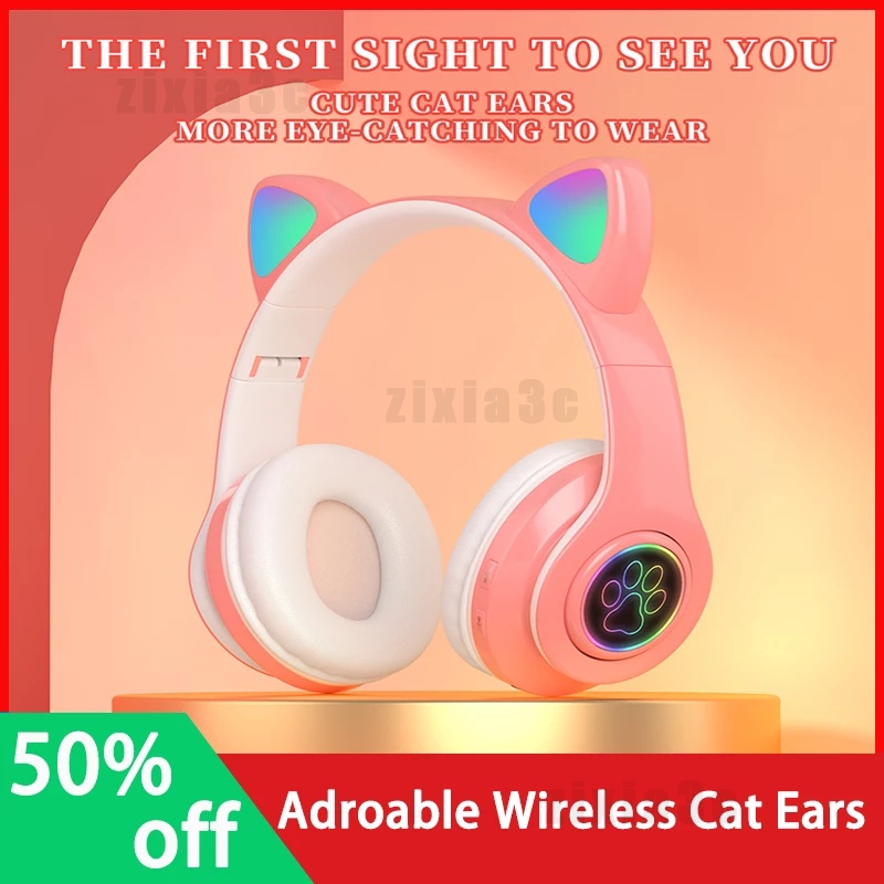 Adroable Wireless Cat Ears Headset With Microphone Kawaii Gaming Headphone Shining Headbuds For Pc Phone Tablet Laptop