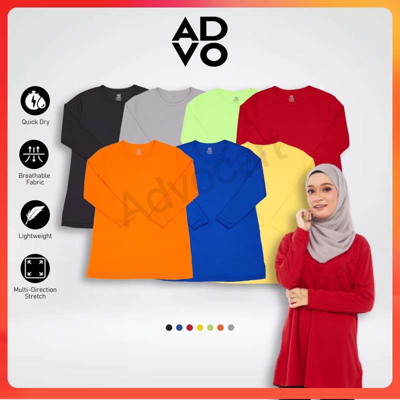 ADVO Microfiber Muslimah Jersey Baju Jersi Muslimah Blouse Dress T Shirt Perempuan Women Baju Sukan Long Sleeve