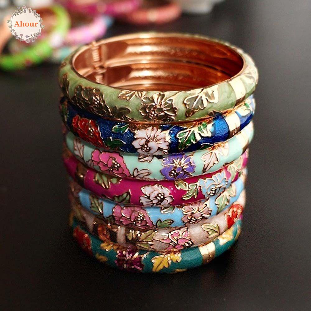 AHOUR Bangles Traditional Classic Flower Peony Cloisonne Gifts For Women Girl Handicraft Jewelry