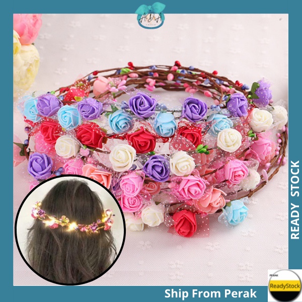 AIDA. LED Flower Crown Hoop fairy Bridal Headband Wreath Wedding Bunga PengantingTunang Nikah Bridemaid Floral 花环新娘伴娘