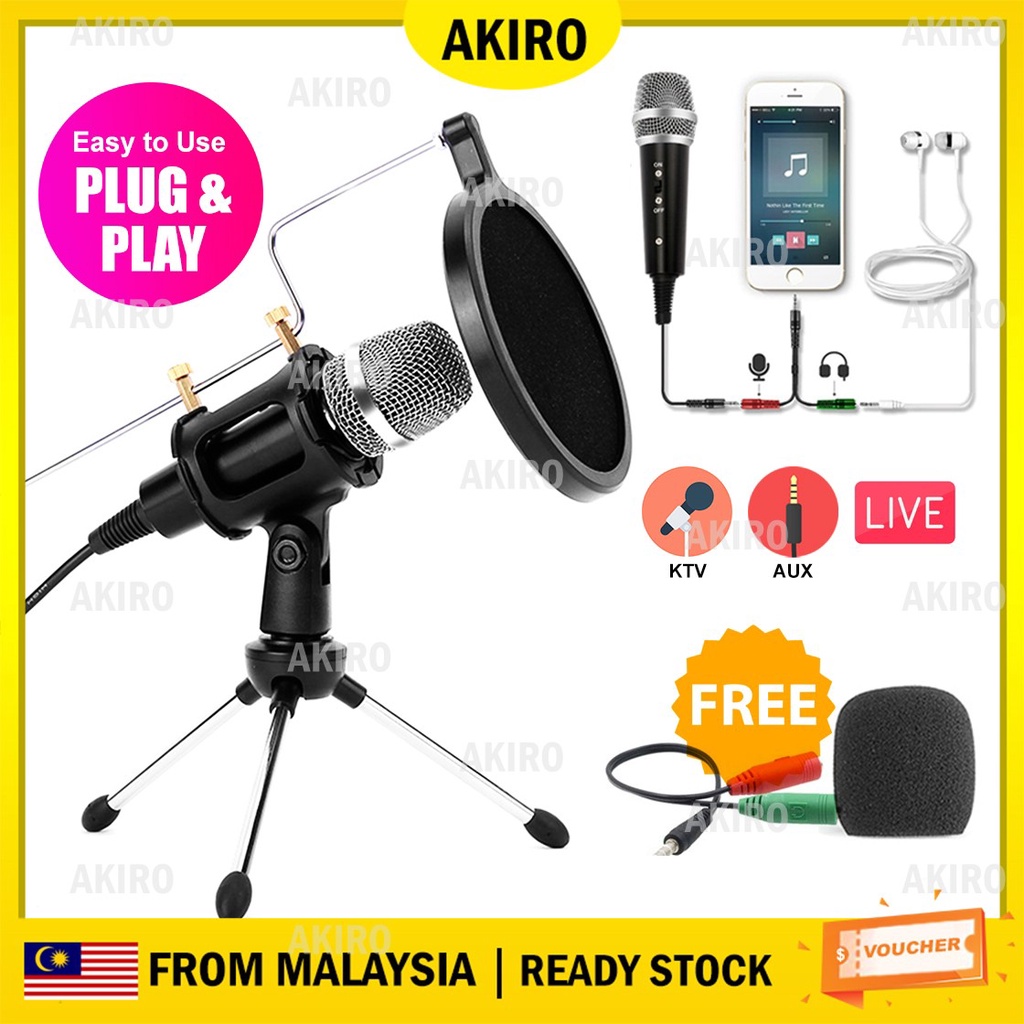 AKIRO CLEAR STOCK LIVE Professional Microphone Plug Play Condenser Sound Studio Record Karaoke Podcast Mic Stand 直播麦克风