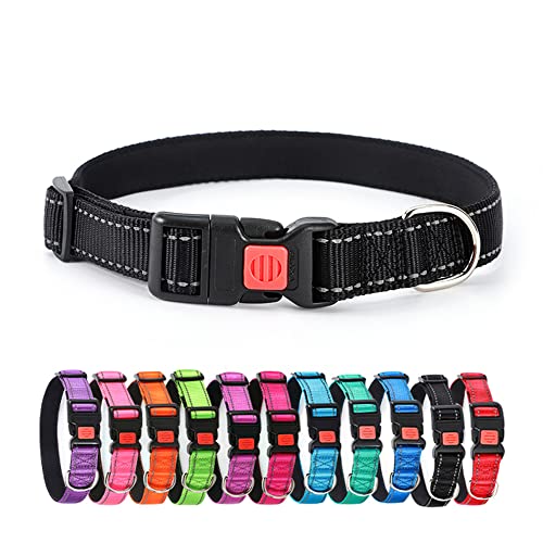 Alainzeo Reflective Dog Collars, Soft Neoprene Padded Breathable Nylon Pet Collar with Quick Release Buckle for Puppy, Medium and Large Dogs (Black S)