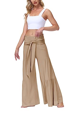 ALBIZIA High Waist Wide Leg Pant for Women Summer Casual Boho Floral Beach Pants Bohemian Belted Trousers(Apricot-JH011,M)