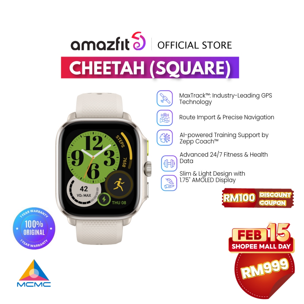 Amazfit Cheetah Square Running Watch with Chat AI Coaching Industry-leading GPS Technology Smartwatch Route Import