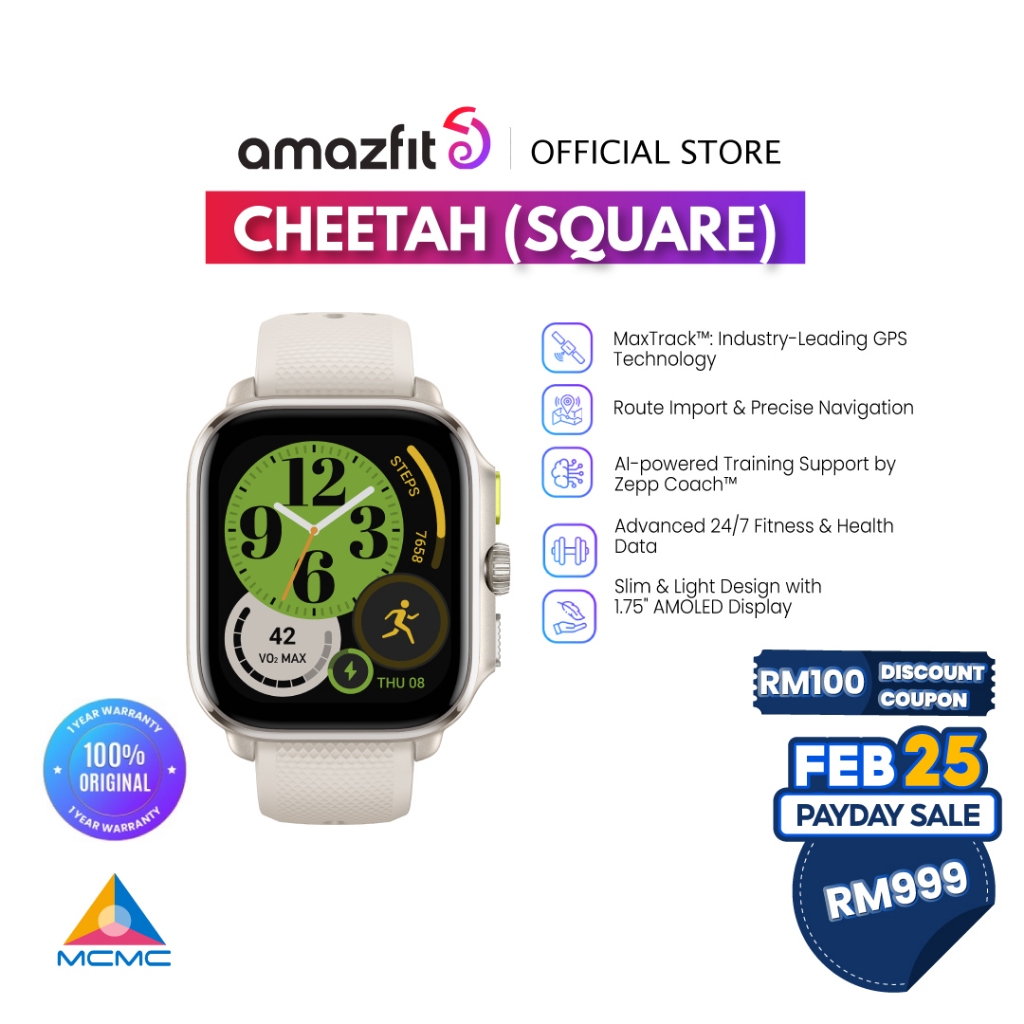 Amazfit Cheetah Square Running Watch with Chat AI Coaching Industry-leading GPS Technology Smartwatch Route Import