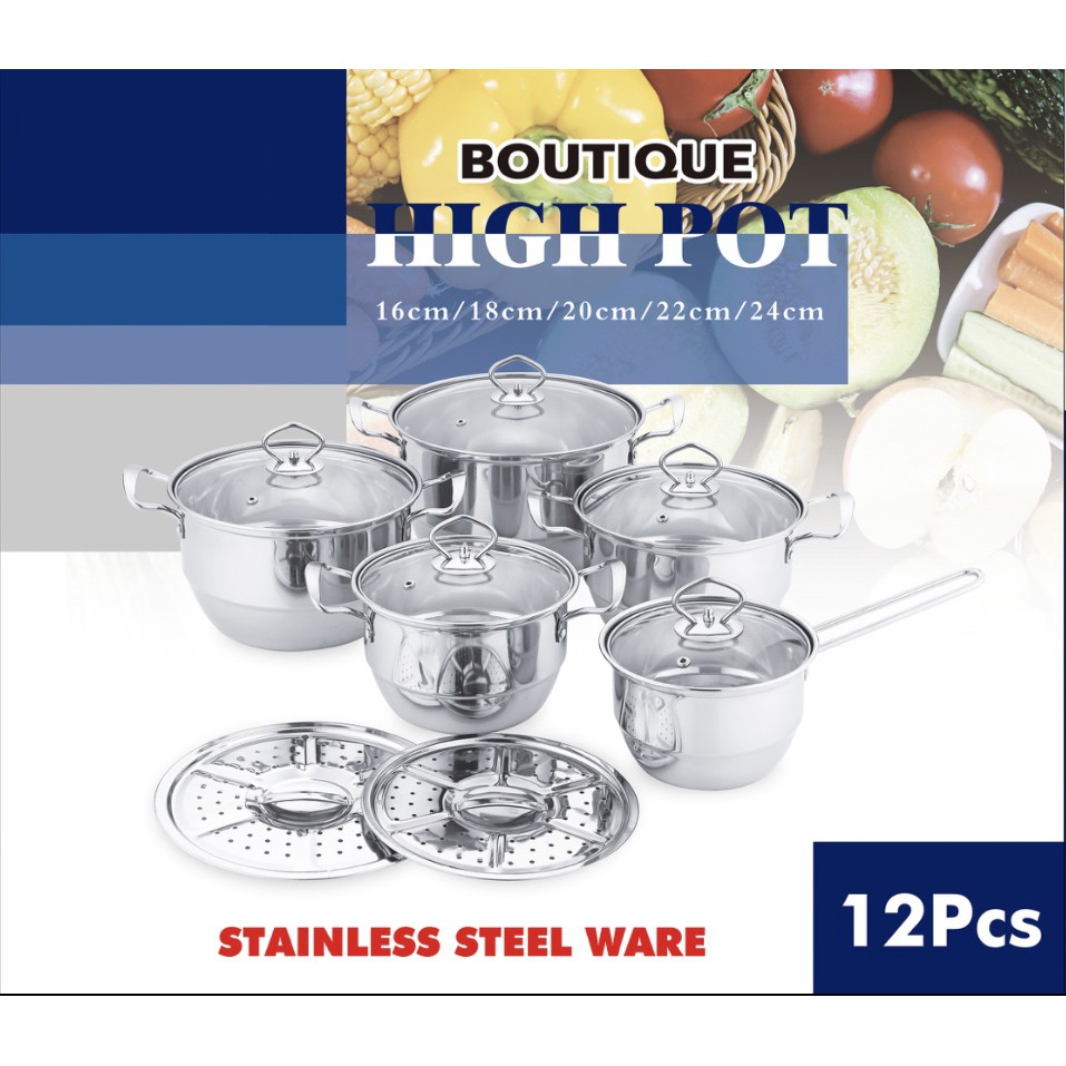 amazing shop Periuk Set 12pc/Pengukus/Stainless Steel Pot/Steamer Pot/Periuk kukus/Cookware/Kitchen Ware/Alat Dap