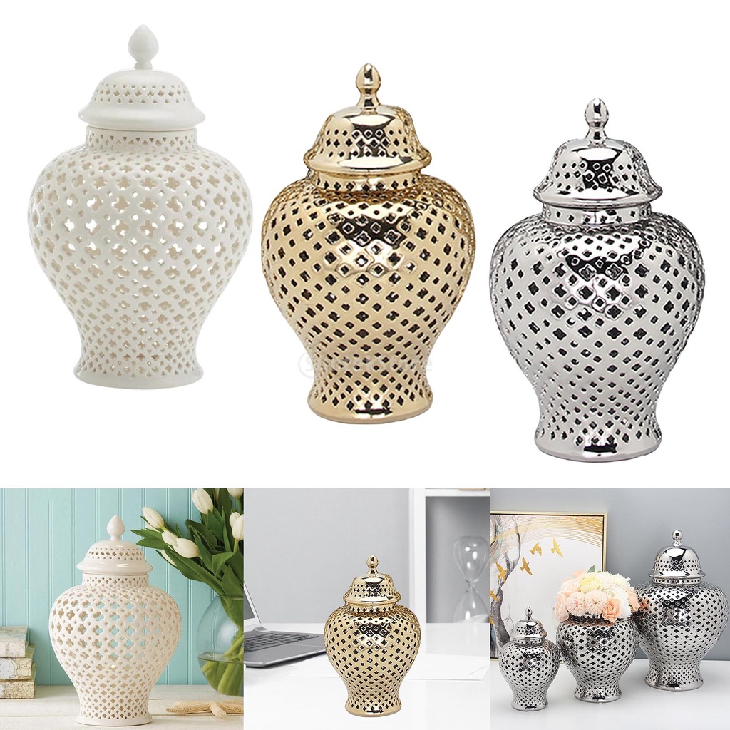 [amleso] Ceramic Ginger Jar Carved Lattice Handicraft Temple Jar Home Decor with Lid Home Decor Storage Jar Handicraft Vase for Floral Arrangement Deco