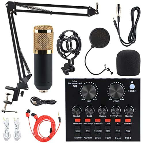 ANALIM Condenser Microphone Bundle, Live Sound Card, Adjustable Boom Arm, Shock Mount, Metal Mic Pop Filter, Earphone, Sponge Pop Filter Cover, Connection Method Mic Kit, Set of 11