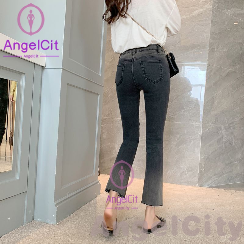 Angelcity ※ dua warna Jeans kurus wanita Slimming saiz besar dipotong 2023 pakaian musim luruh baru gaya korea pinggang tinggi seluar wanita yang dibakar