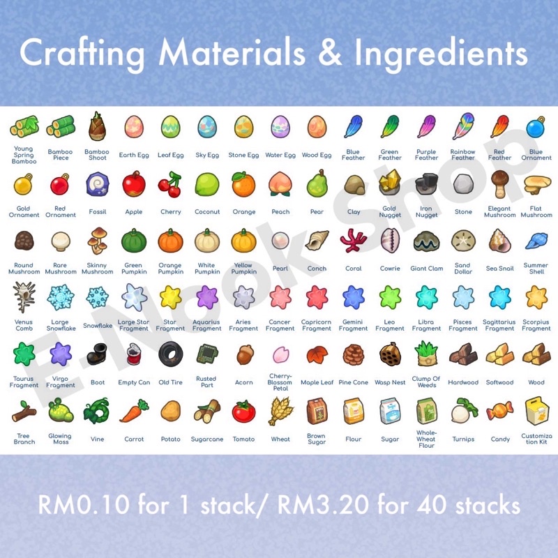 Animal Crossing Crafting Material/ DIY Material/Bamboo, Egg, Feather, Festive Ornament, Fruit, Mineral, Mushroom 动物森友会素材