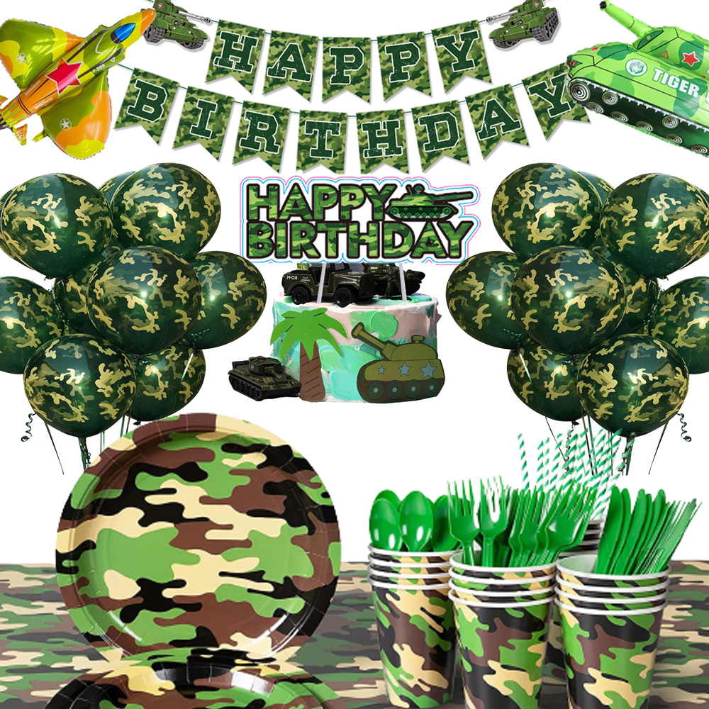 Army Green Camouflage Theme Party Military Decorations Tableware Set Paper Cups Plates Baby Shower Kids Birthday Party Supplies 军人迷彩主题生日派对装饰