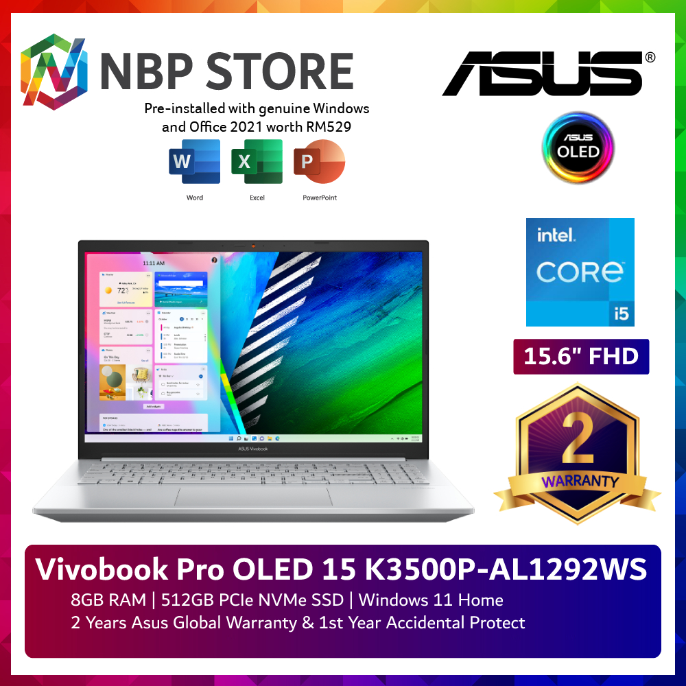 Asus Vivobook Pro 15 OLED K3500P-AL1292WS 15.6'' FHD Laptop Silver ( i5-11300H, 8GB, 512GB SSD, Intel, W11, HS )