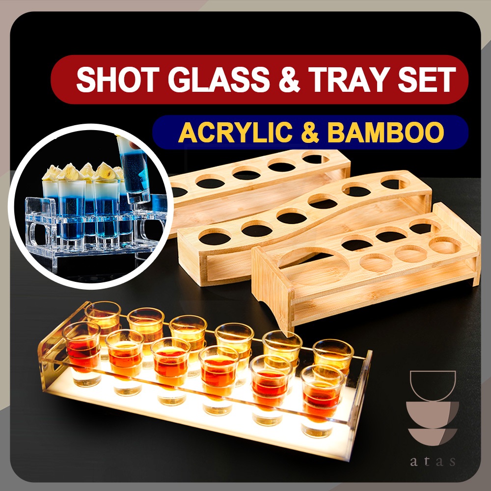 ATAS BAR ACRYLIC WOODEN SHOT TRAY Set 6 12 Holes Bamboo Wood Liquor Glass Spirit Tequila Whisky Whiskey Shot杯 Glasses