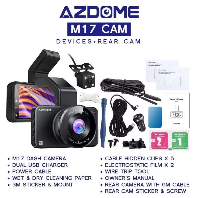 Azdome M17 PRO 1296P Full HD Dual Channel Front & Rear Dash Cam Night Vision App Control Car Camera Driving Recorder