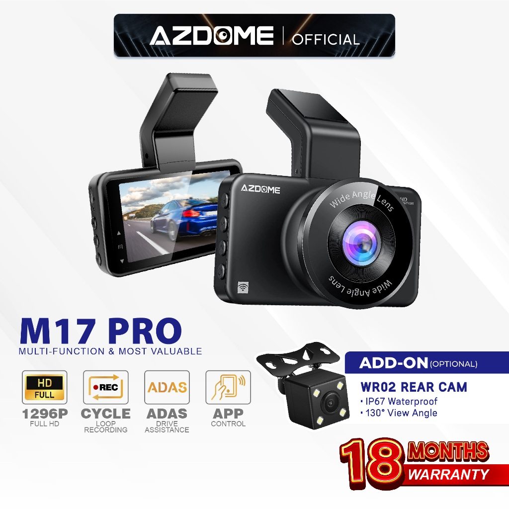 Azdome M17 PRO 1296P Full HD Dual Channel Front & Rear Dash Cam Night Vision App Control Car Camera Driving Recorder