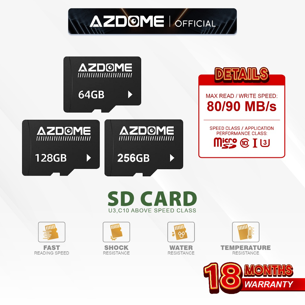 AZDOME SD Card U3 C10 Above Speed Class 80/90 MB/S for Dash Camera (32GB/64GB/128GB/256GB)