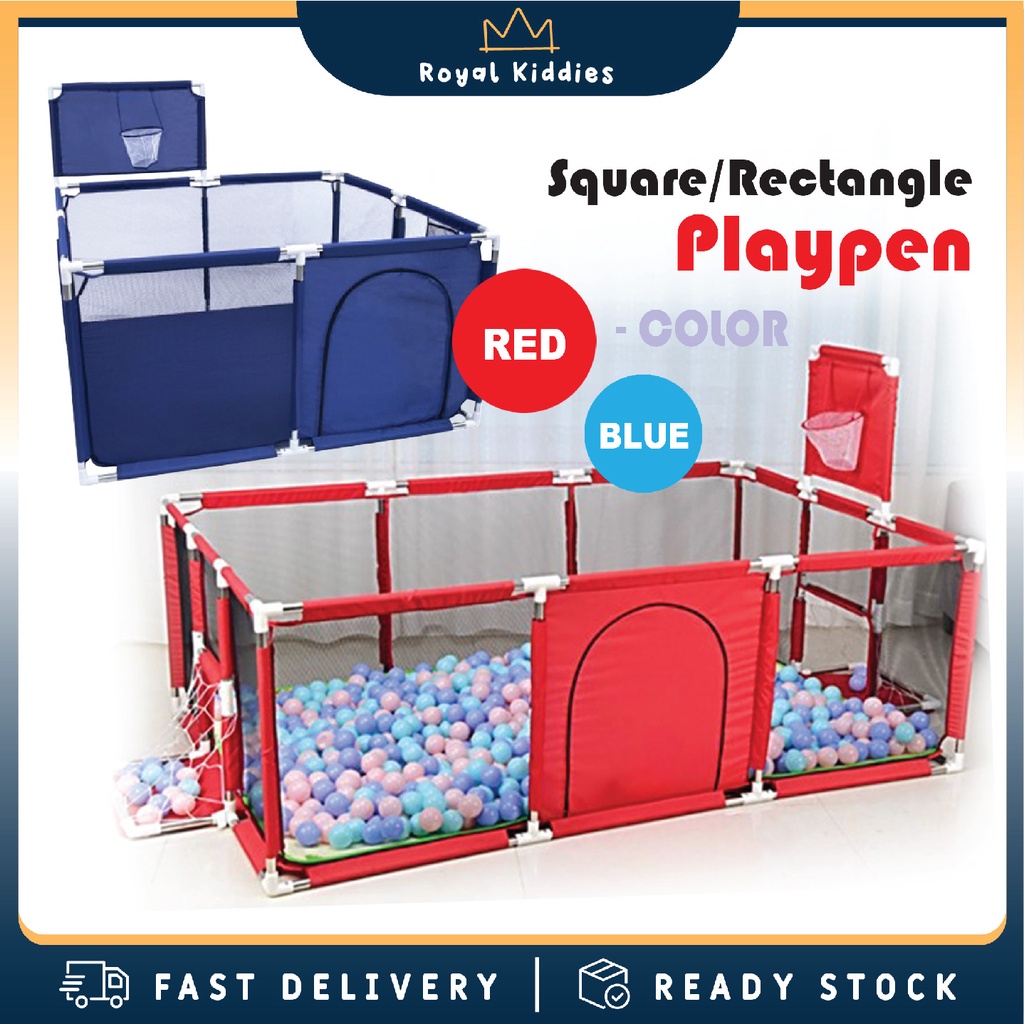 Baby Children Safety Play Fence Red & Blue Rectangle/Square Playpen with Basketball Hoop Football Goal