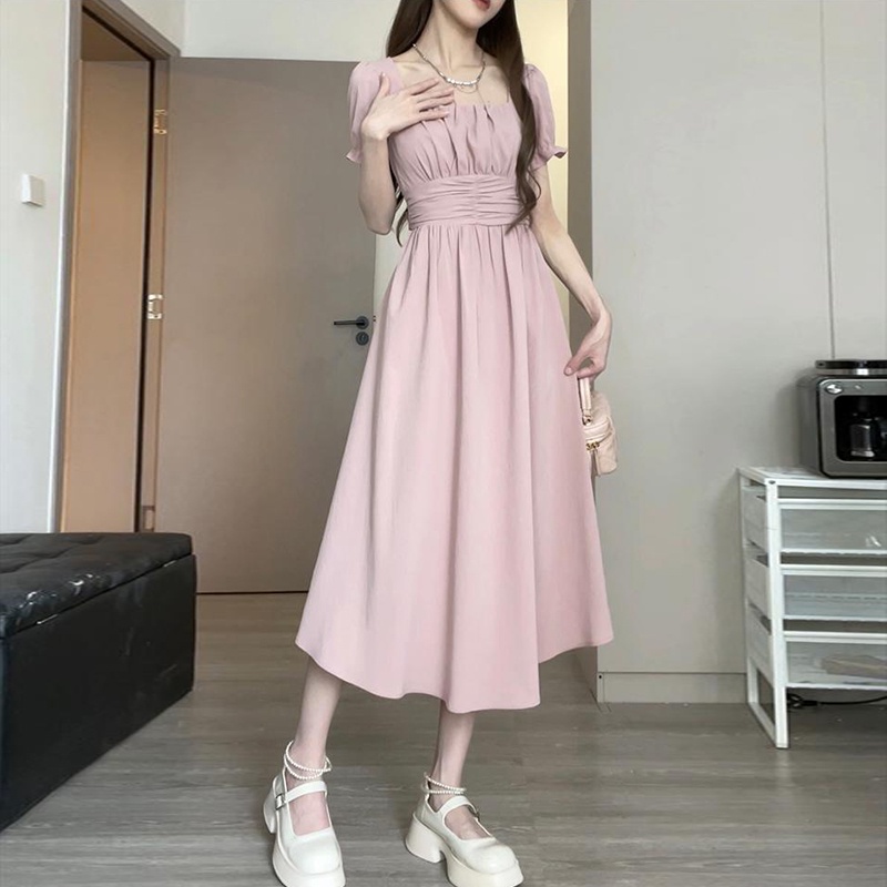 Baby Color Matsumoto Funeral Sweet Midriff Outfit Slimming Short Sleeve Dress Square Collar Slimming Interview Solid Color