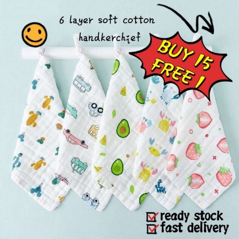 Baby Handkerchief 25cm ❣️BUY 15 FREE 1❣️6 layer Baby Bibs Sapu Tangan Cotton Soft Six Layers Gauze 6层纱手帕