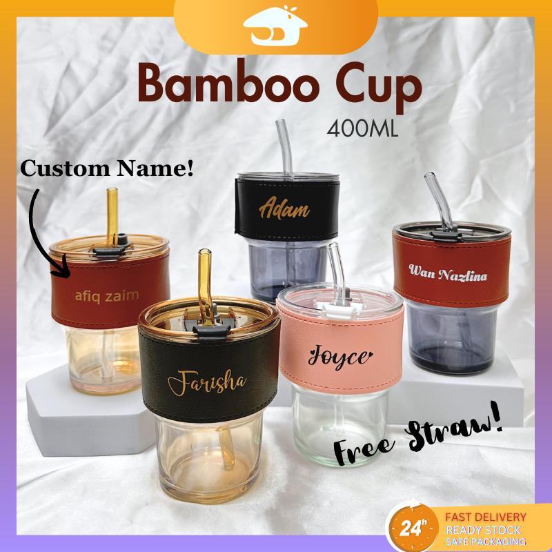 Bamboo Cup - DAYDREAM Glass Cup Personalised Name 400ml Custom Name Cup with Straw Gelas with Straw with Cover