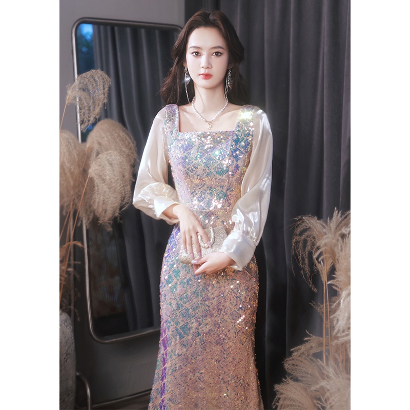 Banquet Evening Dress New Sequin Sexy Elegant Long Sleeve Host Concert Show Model Catwalk Slim Fit Fashion Long Dress