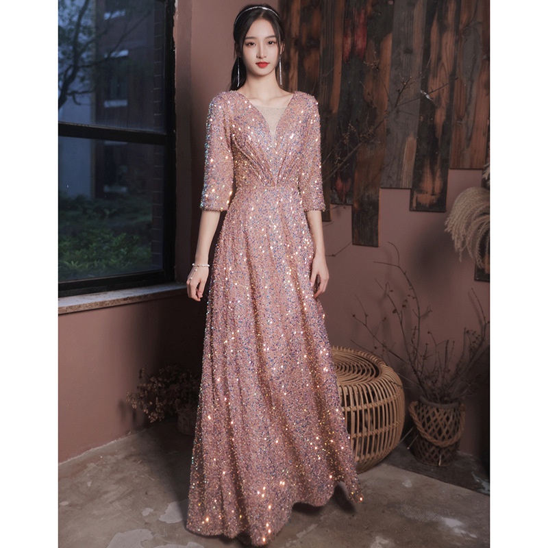 Banquet Evening Dress New Sequin V-Neck Model Host Show Slim Fashion Long Party Dress