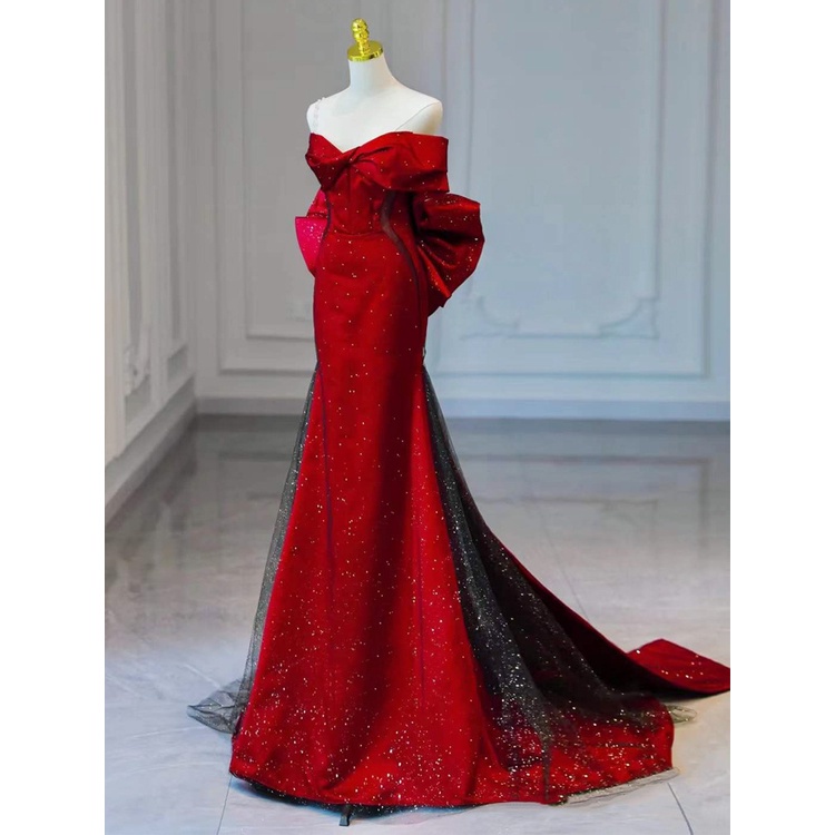 Banquet evening dress New sexy elegant bow host concert performance model catwalk long red dress