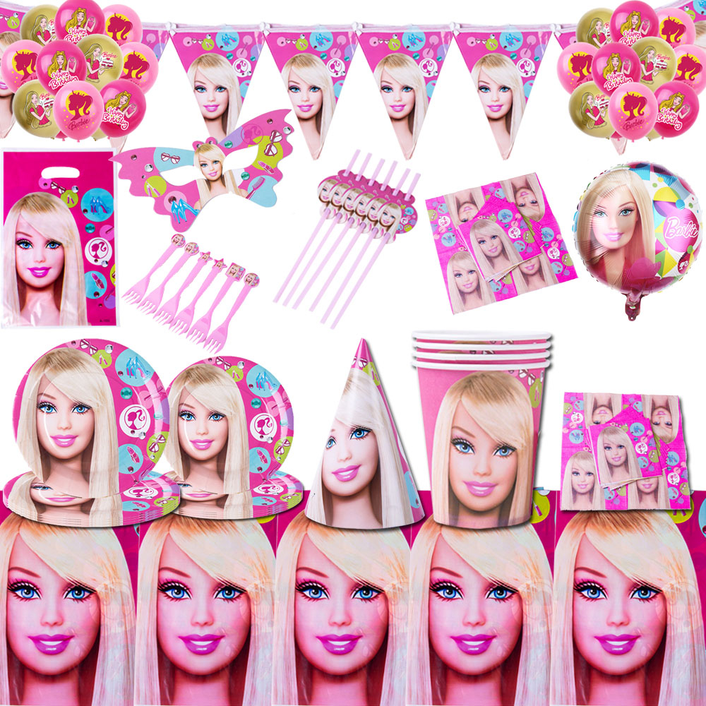 Barbie Doll Themed Girl Birthday Decoration Paper Plate Tablecloth Gift Bag Mask Balloon