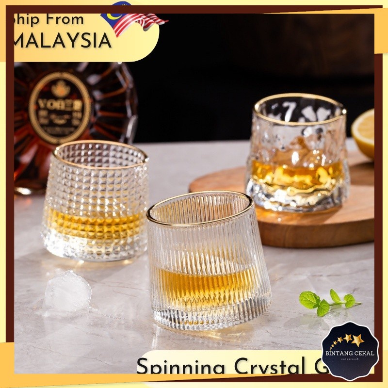 BC Spinning Whiskey Glasses Diamond Rotating Tumbler Glass Bar Cup Foreign Wine Water Cup Crystal Glasses Vertical