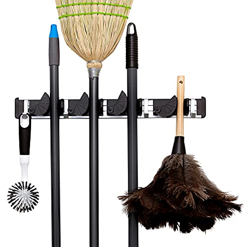 Berry Ave Broom Hanger Wall Mount - Garden Tool Organizer- Kitchen, Garage & Laundry Room Storage With 4 Slots And 4 Hooks- Wall Holder For Broom, Rake & Mop Handles Up To 1.25”