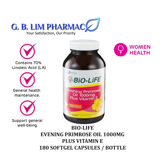 Bio-Life Evening Primrose Oil EPO 1000MG Plus Vitamin E 180 Capsules (EXP: 8-AUG-2024)