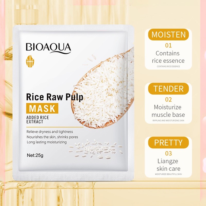 BIOAQUA Rice Raw Pulp Organic Facial Mask Sheet for Nourishes Skin and Shrink Pores Long Lasting Moisturizing 1pcs