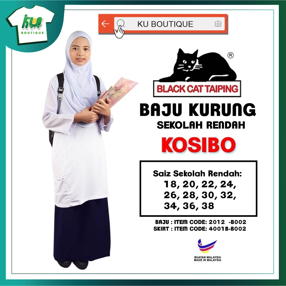 (BLACK CAT) Baju Kurung Sekolah Rendah | Material Koshibo Kain Licin | Baju Kurung Putih Nila Kain Susun Biru