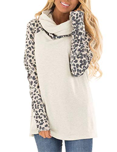 Blivener Women's Casual Sweatshirts Long Sleeve Leopard Print Tops Cowl Neck Raglan Shirts White M