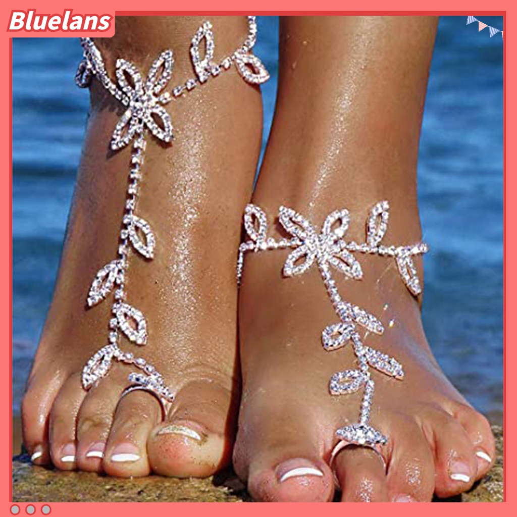 Bluelans Smooth Barefoot Chain Full Rhinestone Leaves Anklet with Toe Loop Eco-friendly Foot Jewelry