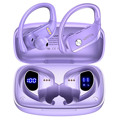 bmanl Wireless Earbuds Bluetooth Headphones 48hrs Play Back Sport Earphones with LED Display Over-Ear Buds with Earhooks Built-in Mic Headset for Workout Purple BMANI-VEAT00L