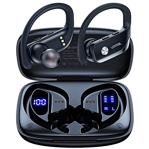 bmanl Wireless Earbuds Bluetooth Headphones 48hrs Play Back Sport Earphones with LED Display Over-Ear Buds with Earhooks Built-in Mic Headset for Workout Black BMANI-VEAT00L