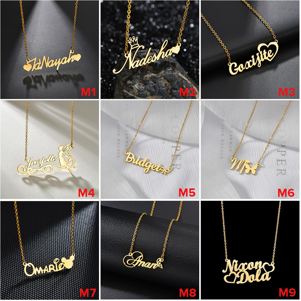 BONLAVIE【Name Custom Necklace】Personalized Iced Name Necklace Stainless Steel Charm Custom Name Jewelry Any Name 24 Font Style
