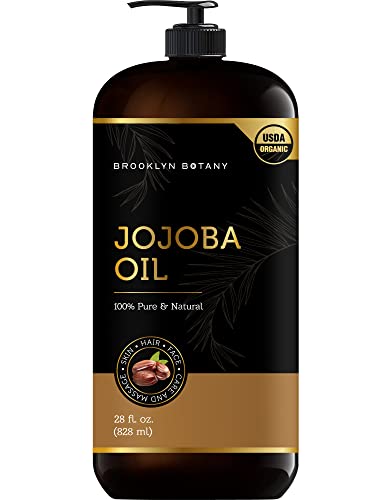 Brooklyn Botany USDA Organic Jojoba Oil for Skin, Hair and Face – 100% Pure and Natural Body Oil and Hair Oil - Carrier Oil for Essential Oils, Aromatherapy and Massage Oil – 28 fl Oz