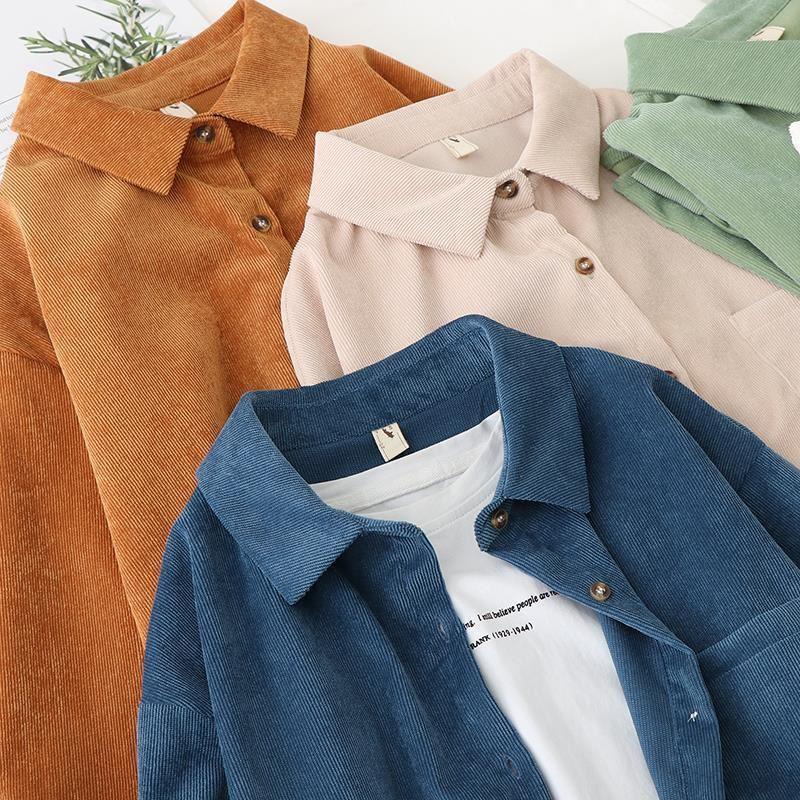 Brushed Haze Blue Salt Style Outer Stacking Corduroy Shirt Women Spring Autumn Design Sense Hong Kong Ladies Loose