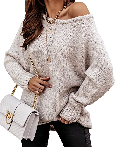 BTFBM Women Casual Long Sleeve Fall Sweaters Crew Neck Solid Color Soft Ribbed Knitted Oversized Pullover Loose Fit Jumper(Solid Apricot, Medium)