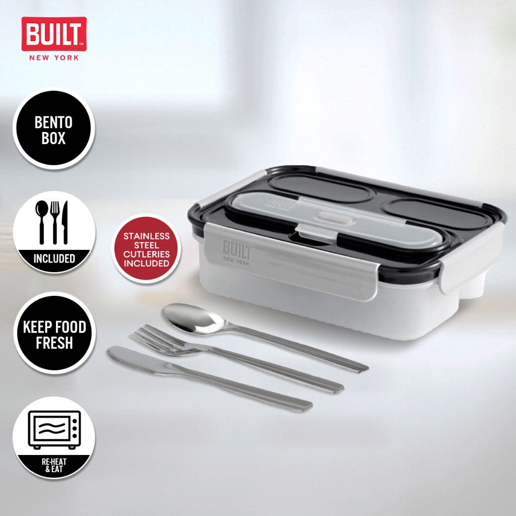 Built NY Gourmet Multi-Compartment Bento Leak-Proof Lunch Box with 3 Compartment c/w Cutleries (Stainless Steel Knife, Fork & Spoon)