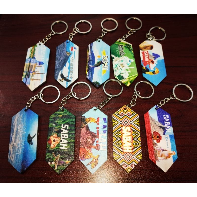 BUY 10 FREE 2 KEYCHAIN WOOD SABAH BORNEO COLOUR PRINT HARGA BORONG MURAH