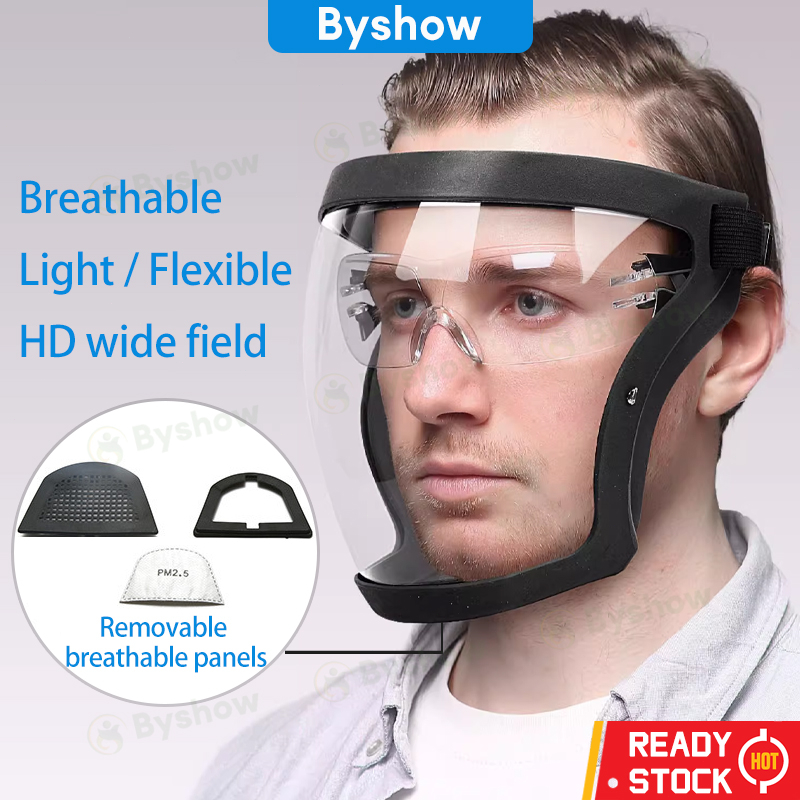 【Byshow】Malaysia In StockActive protective Hybrid full face shield Acrylic Sports Riding cycling Kitchen Welding Pesticide Mask transparent dustproof anti fog Head Cover Unisex Protection Reusable Facial mask face shield masin rumput